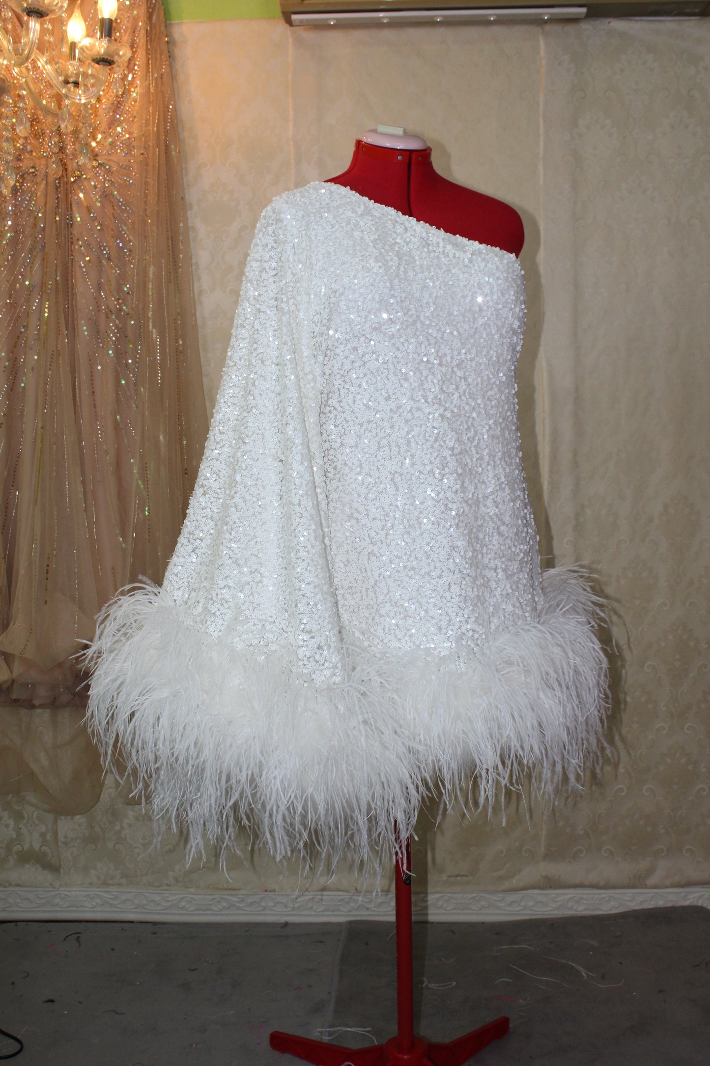 MARAYA White Sequin One-Shoulder Mini Feather Dress