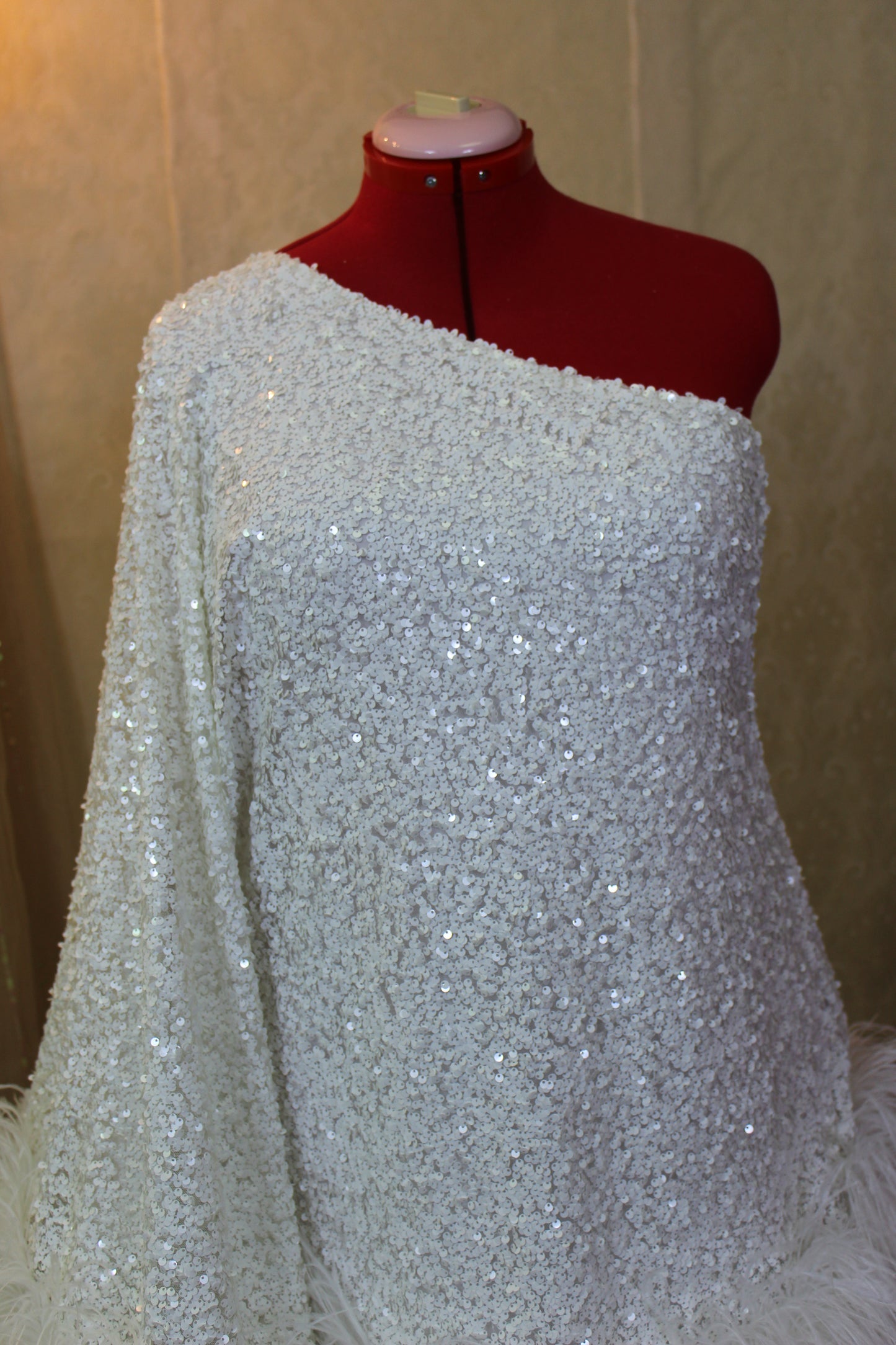 MARAYA White Sequin One-Shoulder Mini Feather Dress