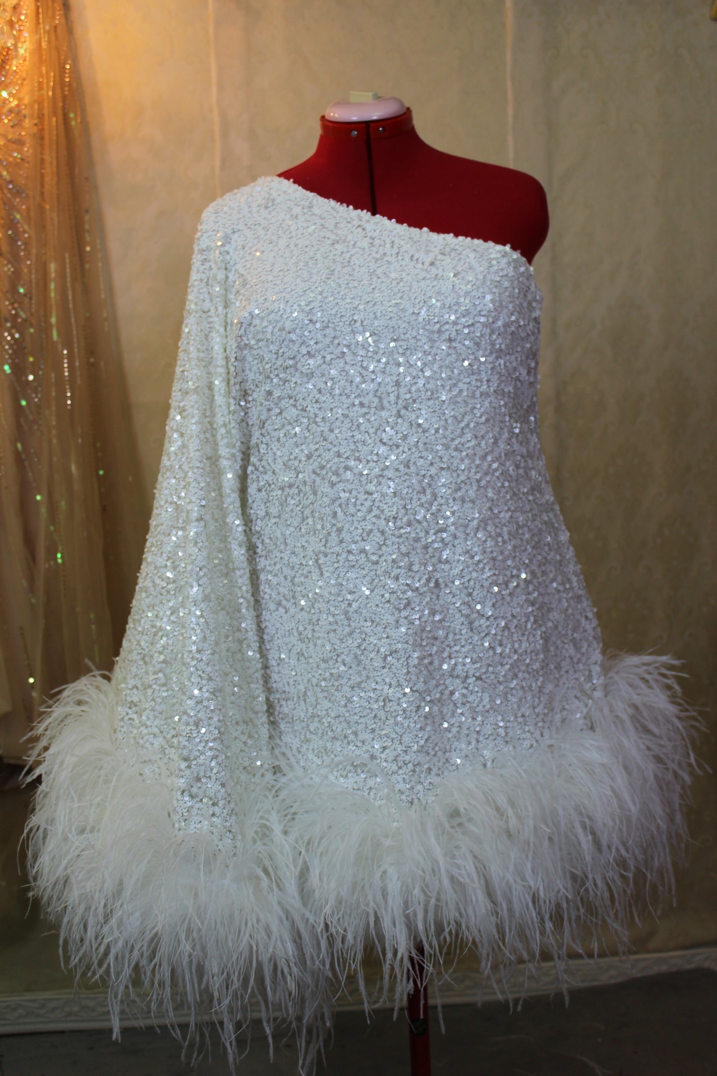 MARAYA White Sequin One-Shoulder Mini Feather Dress