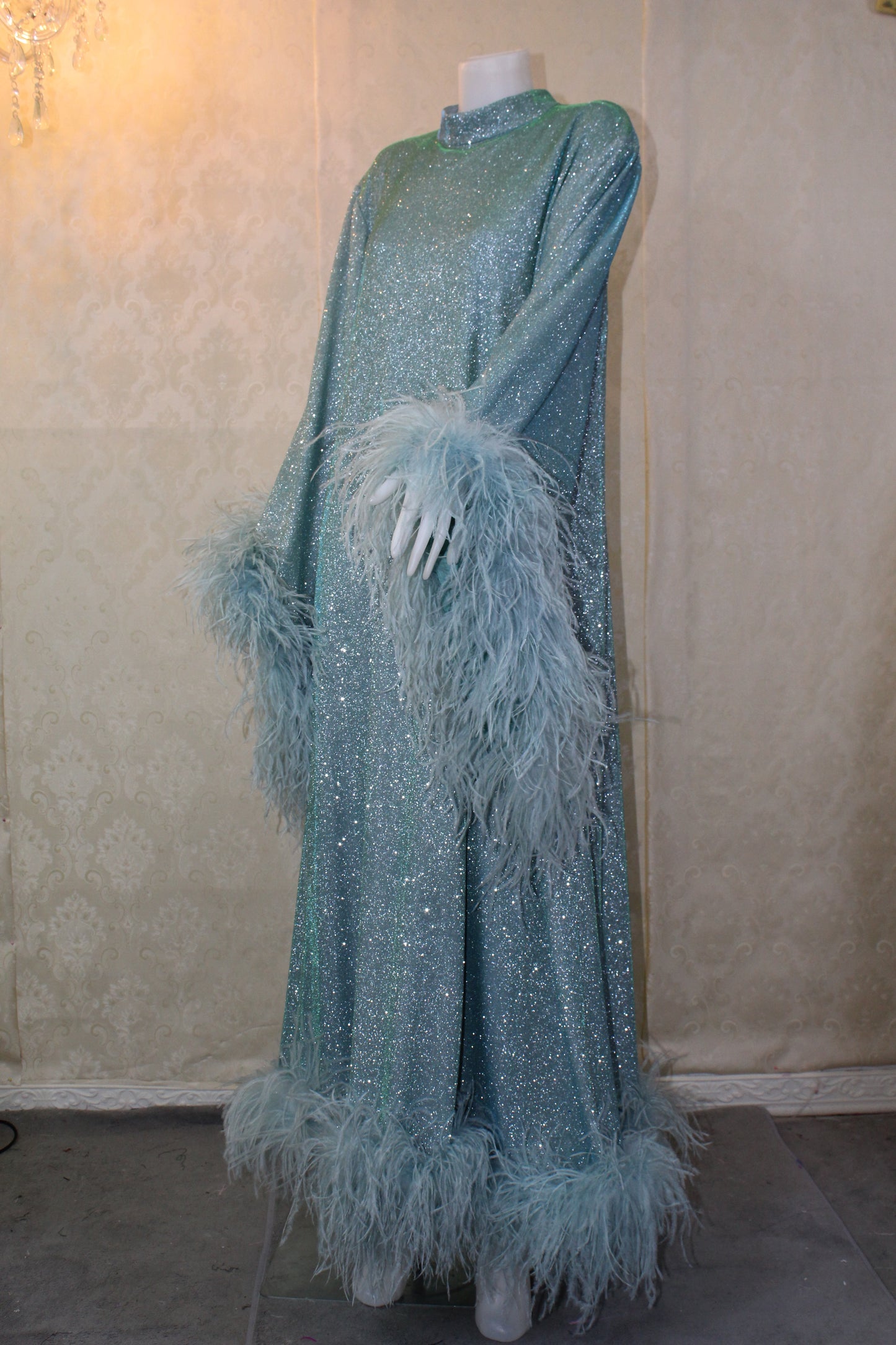 MARAYA Metallic Sparkle Bell Sleeve Feather Maxi Dress (Size 0 US. - 8 US.)