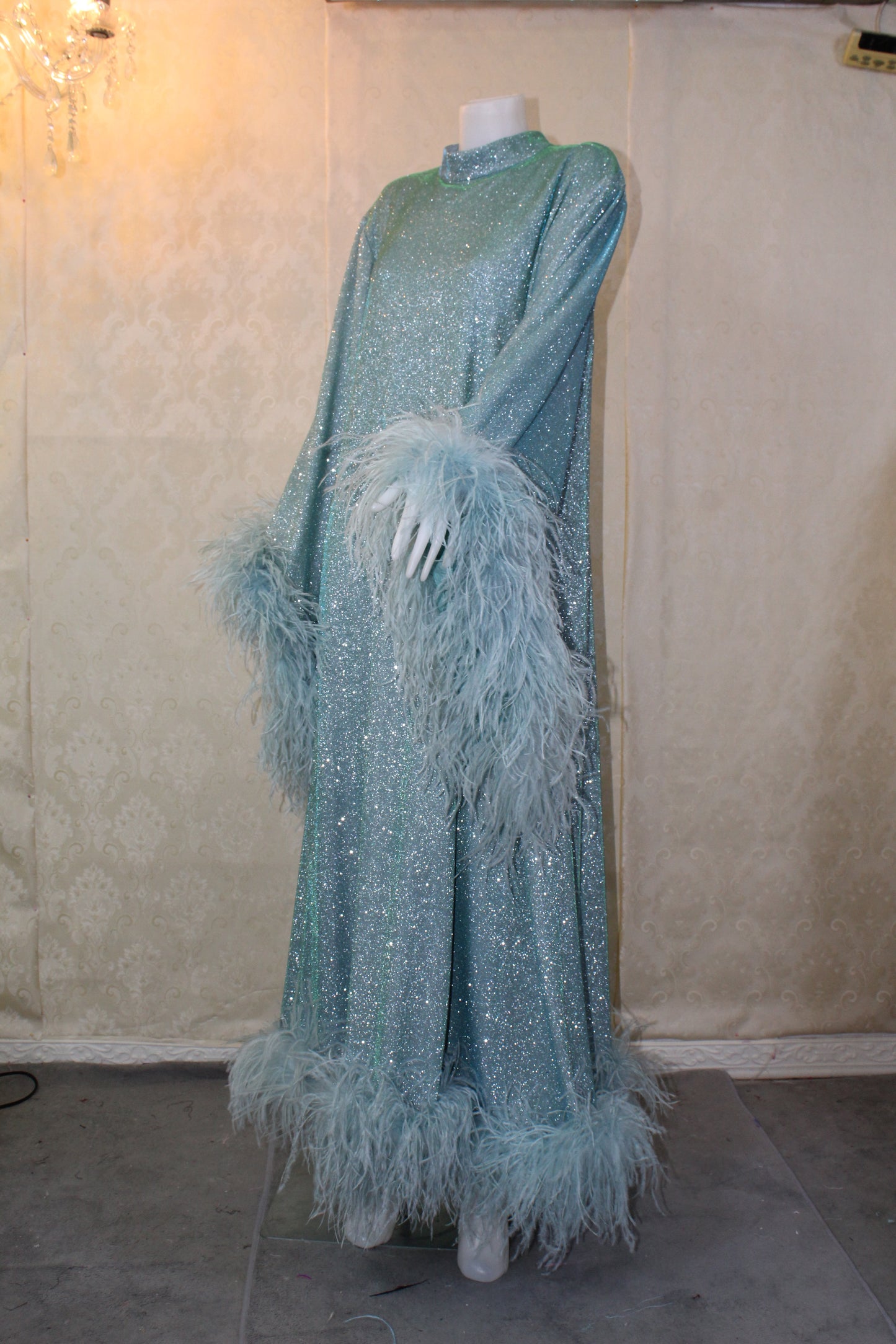 MARAYA Metallic Sparkle Bell Sleeve Feather Maxi Dress (Size 0 US. - 8 US.)