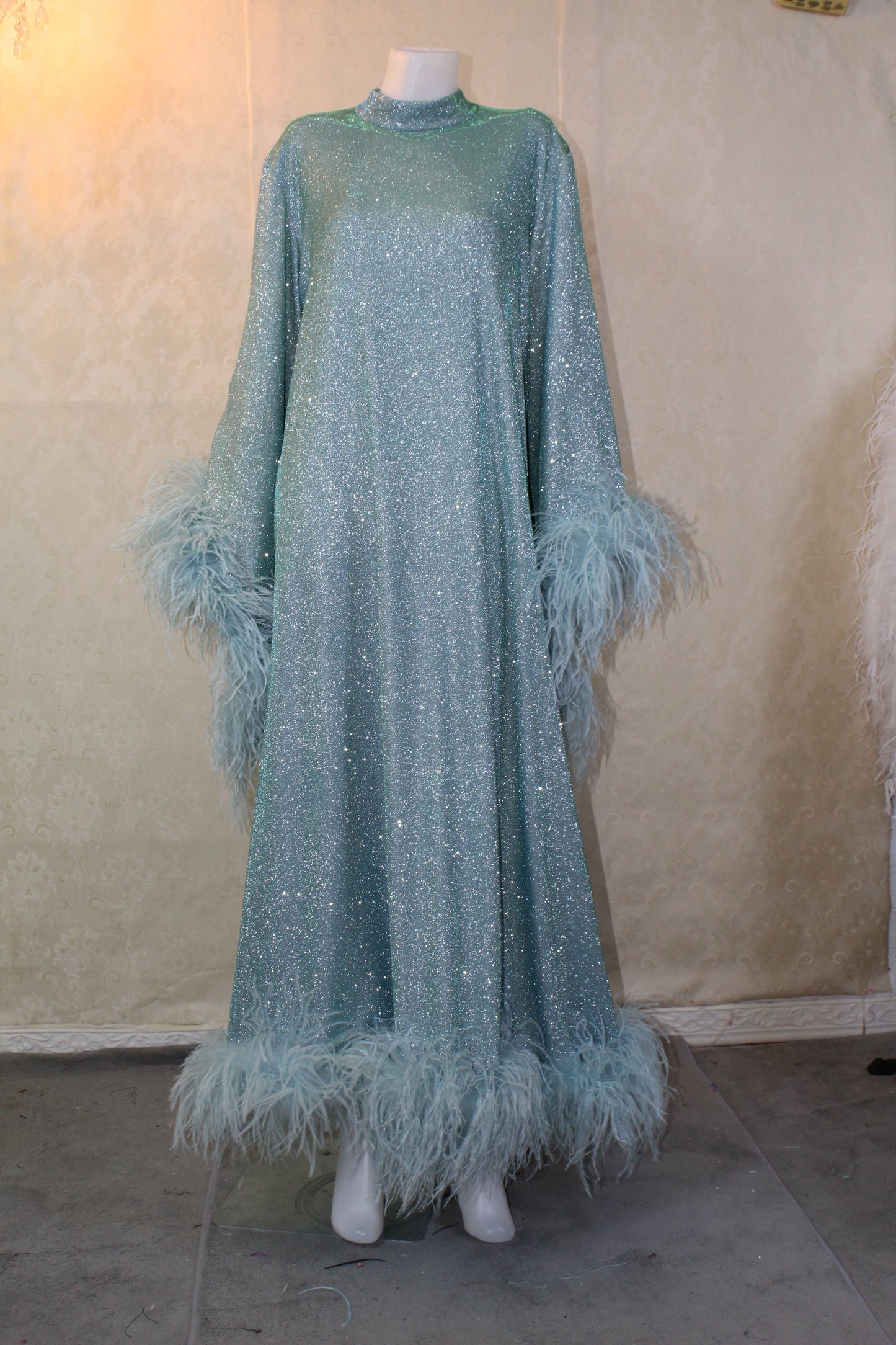 MARAYA Metallic Sparkle Bell Sleeve Feather Maxi Dress (Size 0 US. - 8 US.)