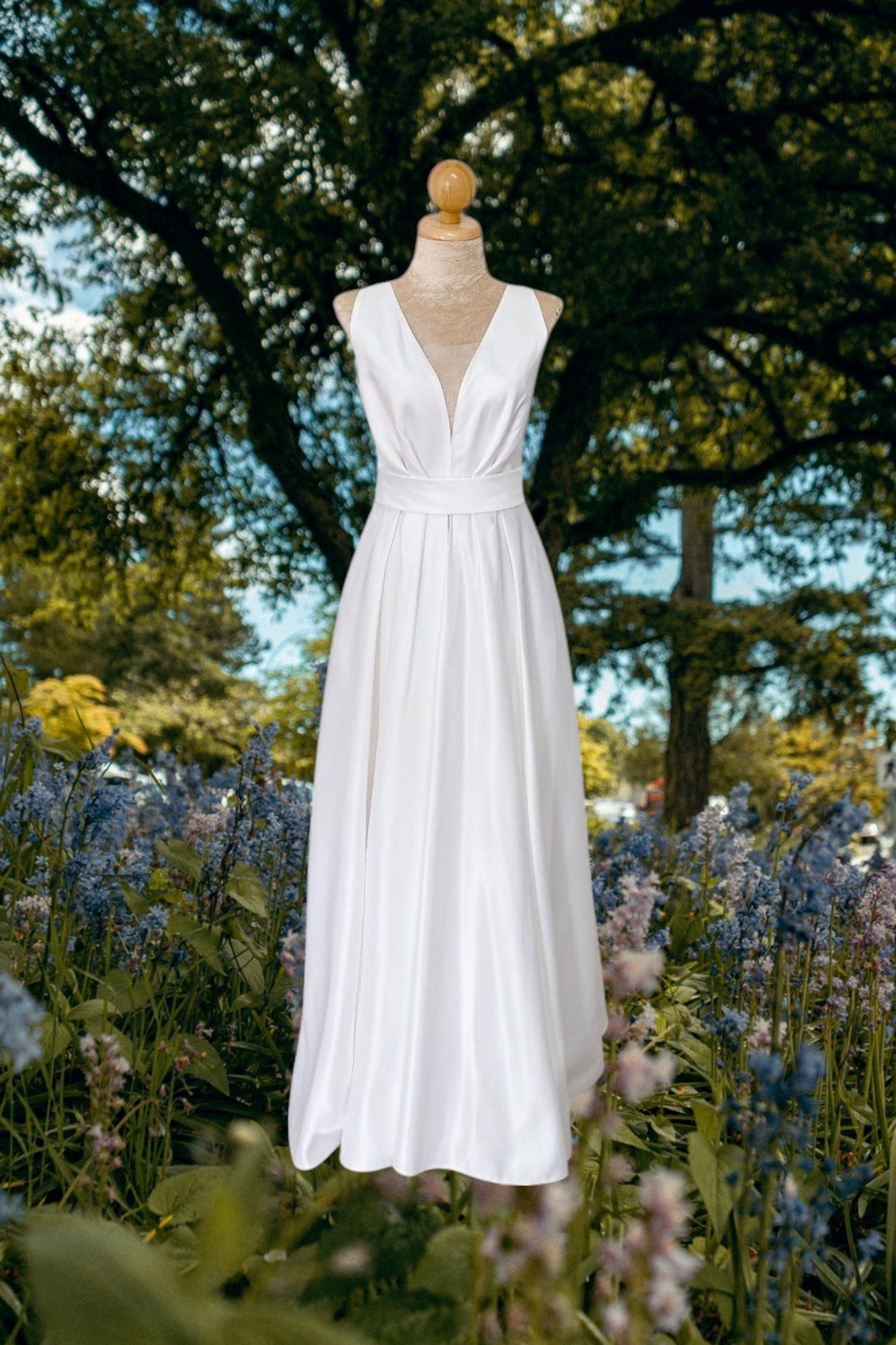 Minimal Deep V-Neck Wedding Maxi Dress With Bow, Minimal Wedding Dress