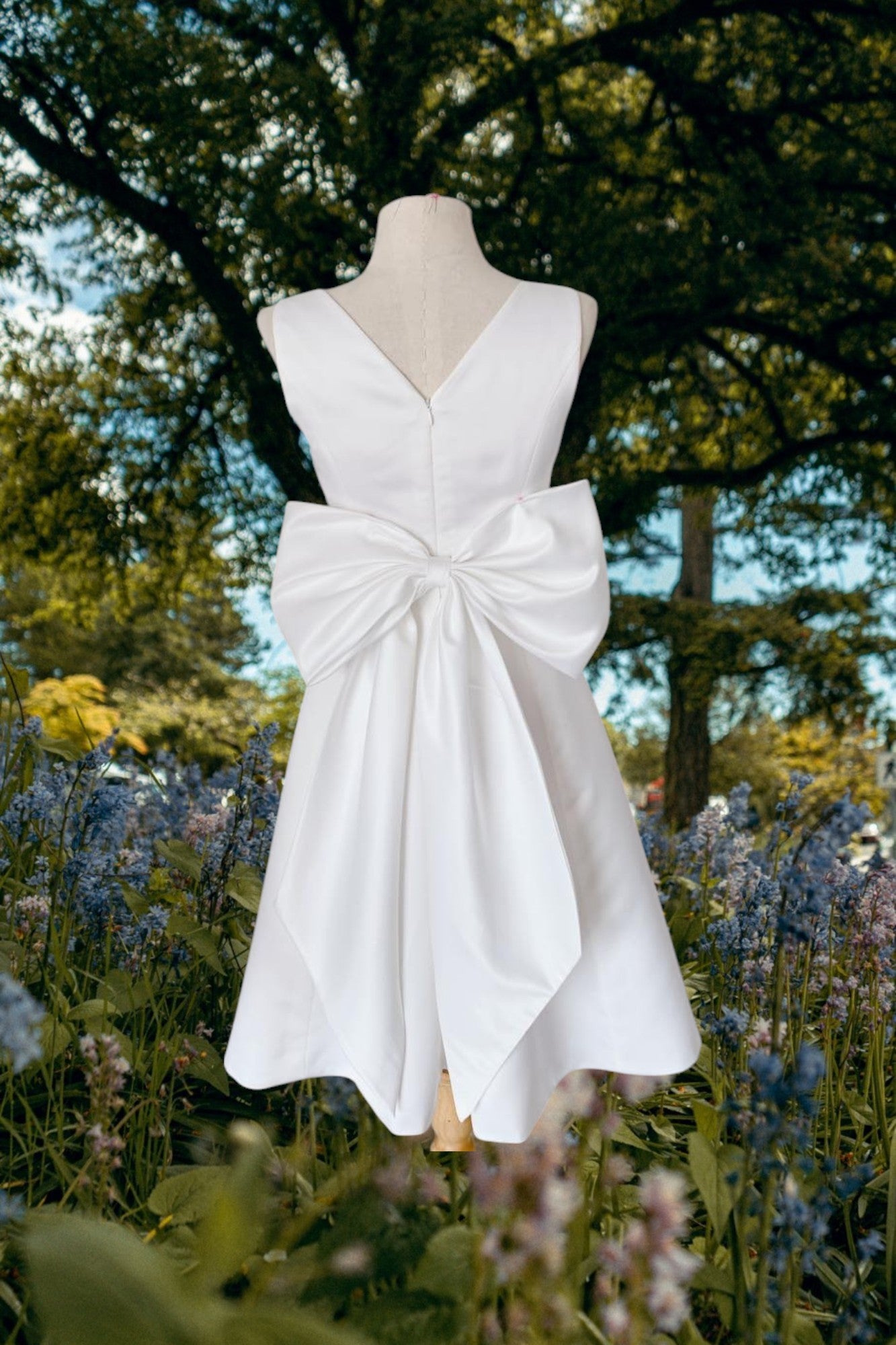Minimal Mini bridal gown with bow, off-white short wedding dress, rehearsal dress, mini a-line skirt dress