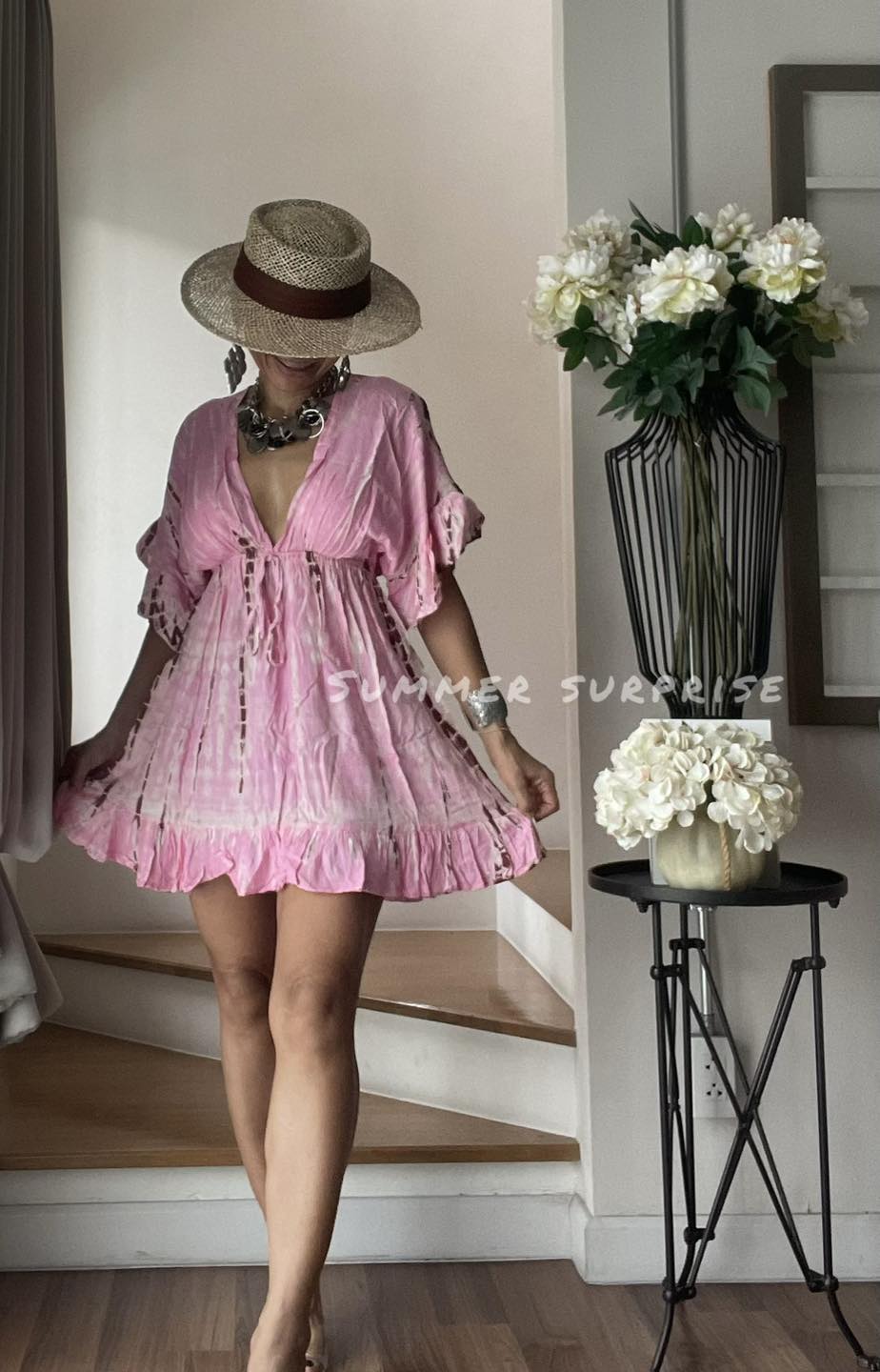 Pink tie dye kaftan mini dress, tie dye dress