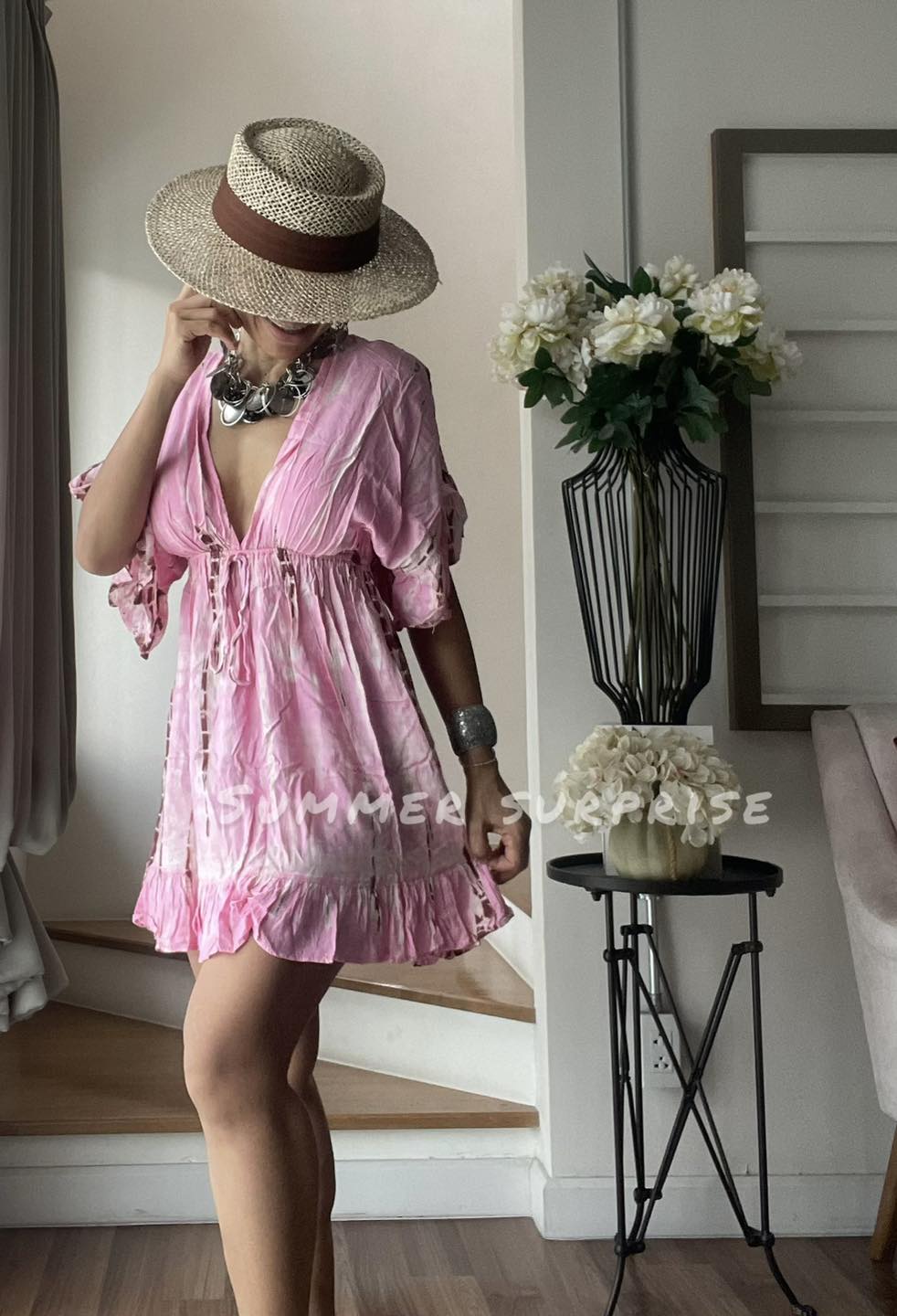 Pink tie dye kaftan mini dress, tie dye dress