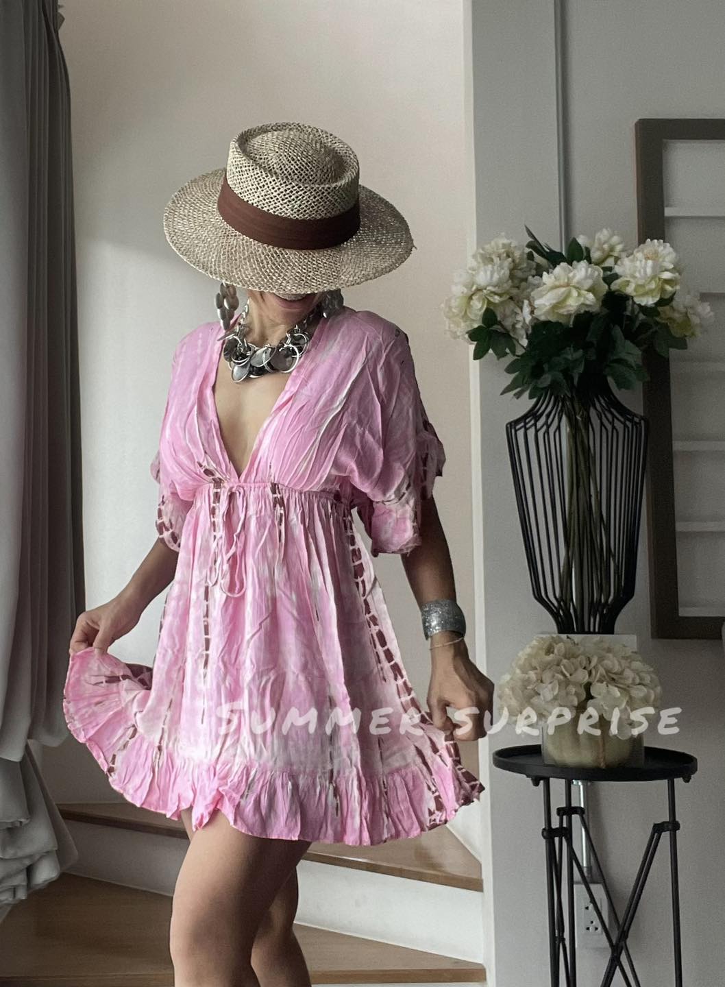 Pink tie dye kaftan mini dress, tie dye dress