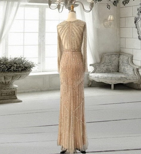 Silver Nude Mermaid Evening Dress for Woman Wedding Party Long Sleeve Arabic Long Formal Dress Prom Gown