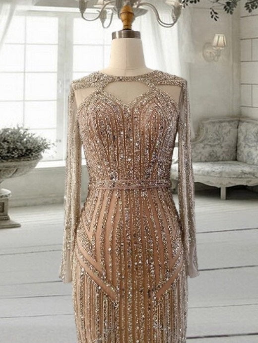 Silver Nude Mermaid Evening Dress for Woman Wedding Party Long Sleeve Arabic Long Formal Dress Prom Gown