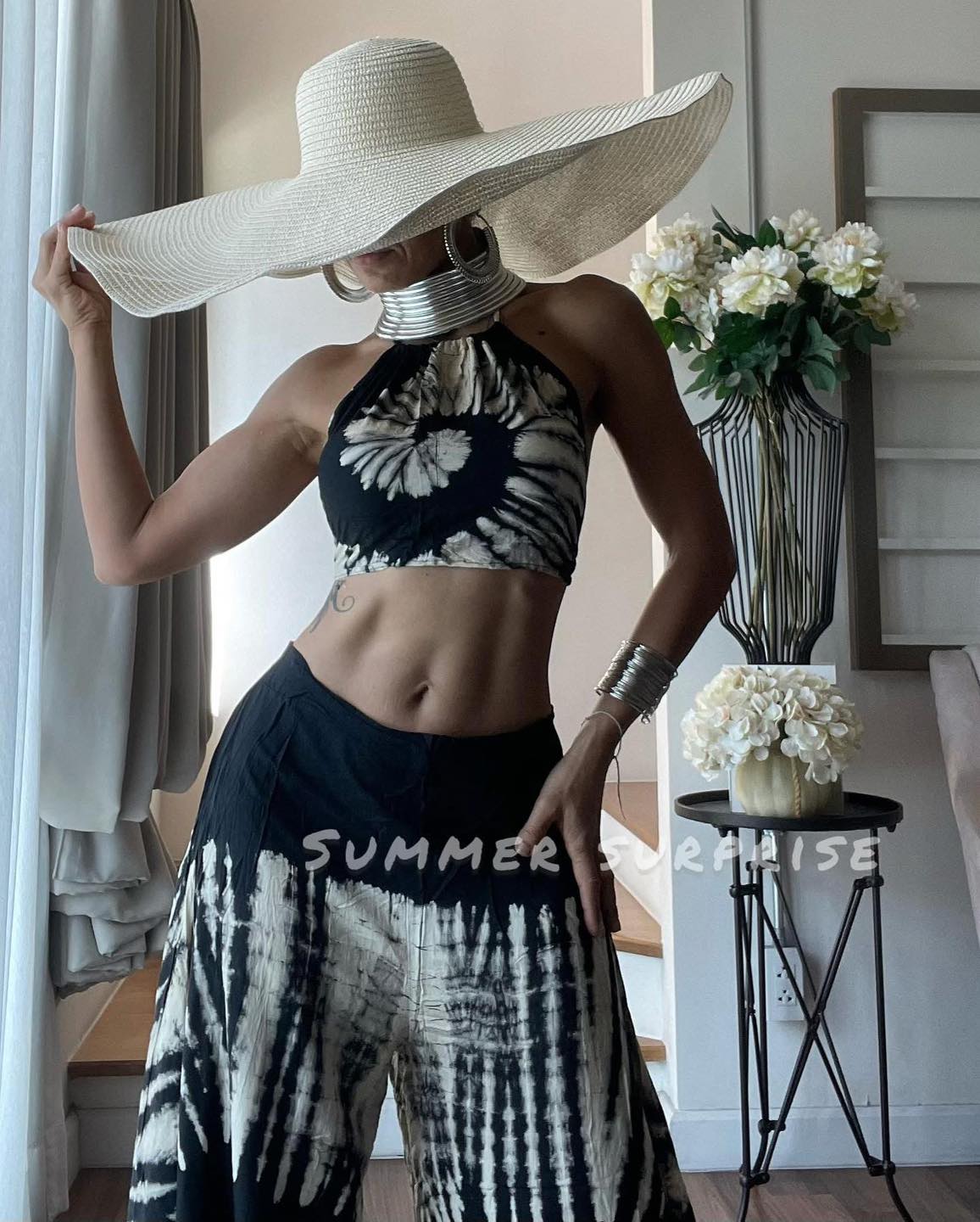 Black tie dye halter neck top with Long Pant, tie dye dress