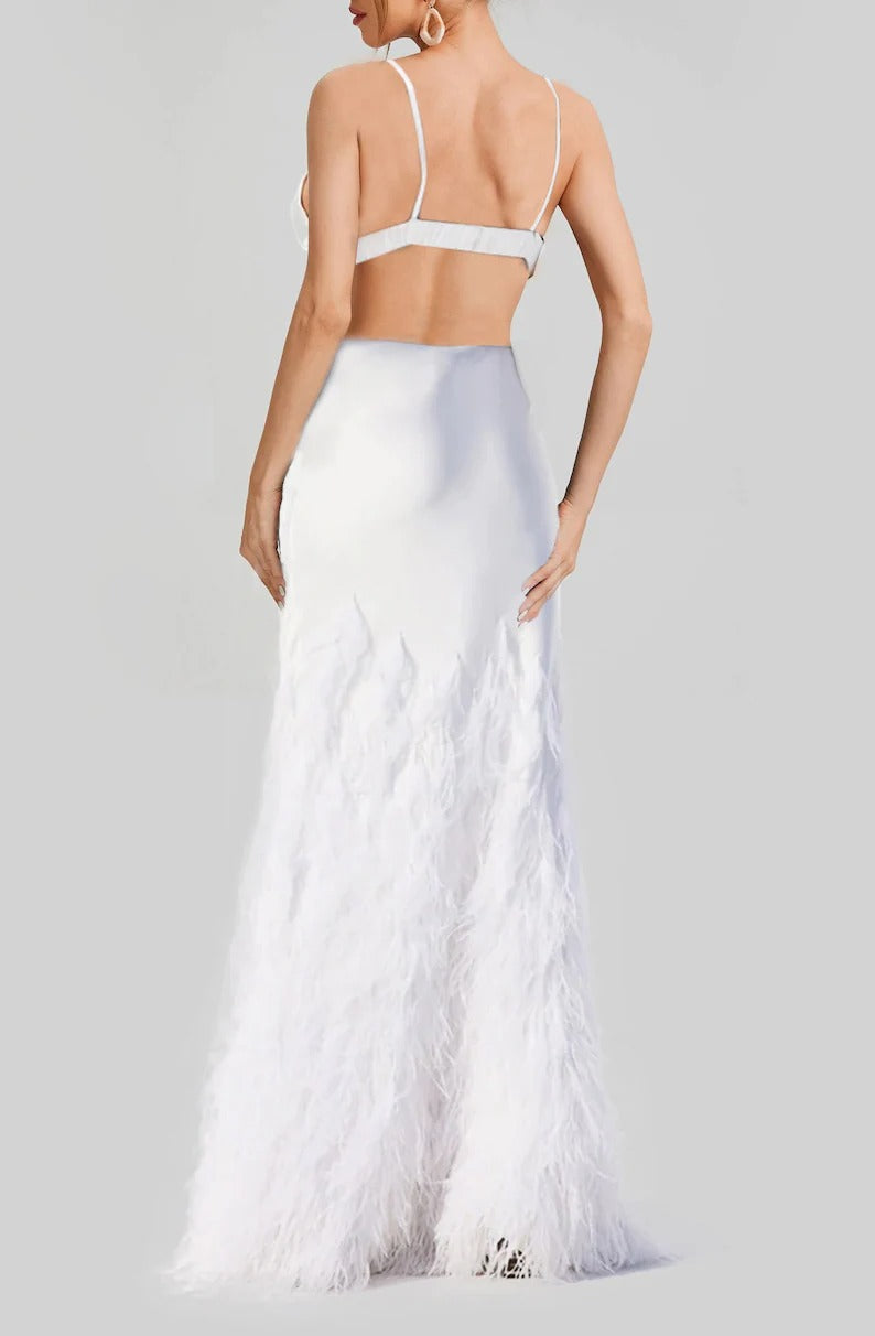 MARAYA White Spaghetti Strap dress decorated with feathers, mermaid style. white wedding dress, long white mermaid skirt, prom dress, Bridal Size US0 - US8