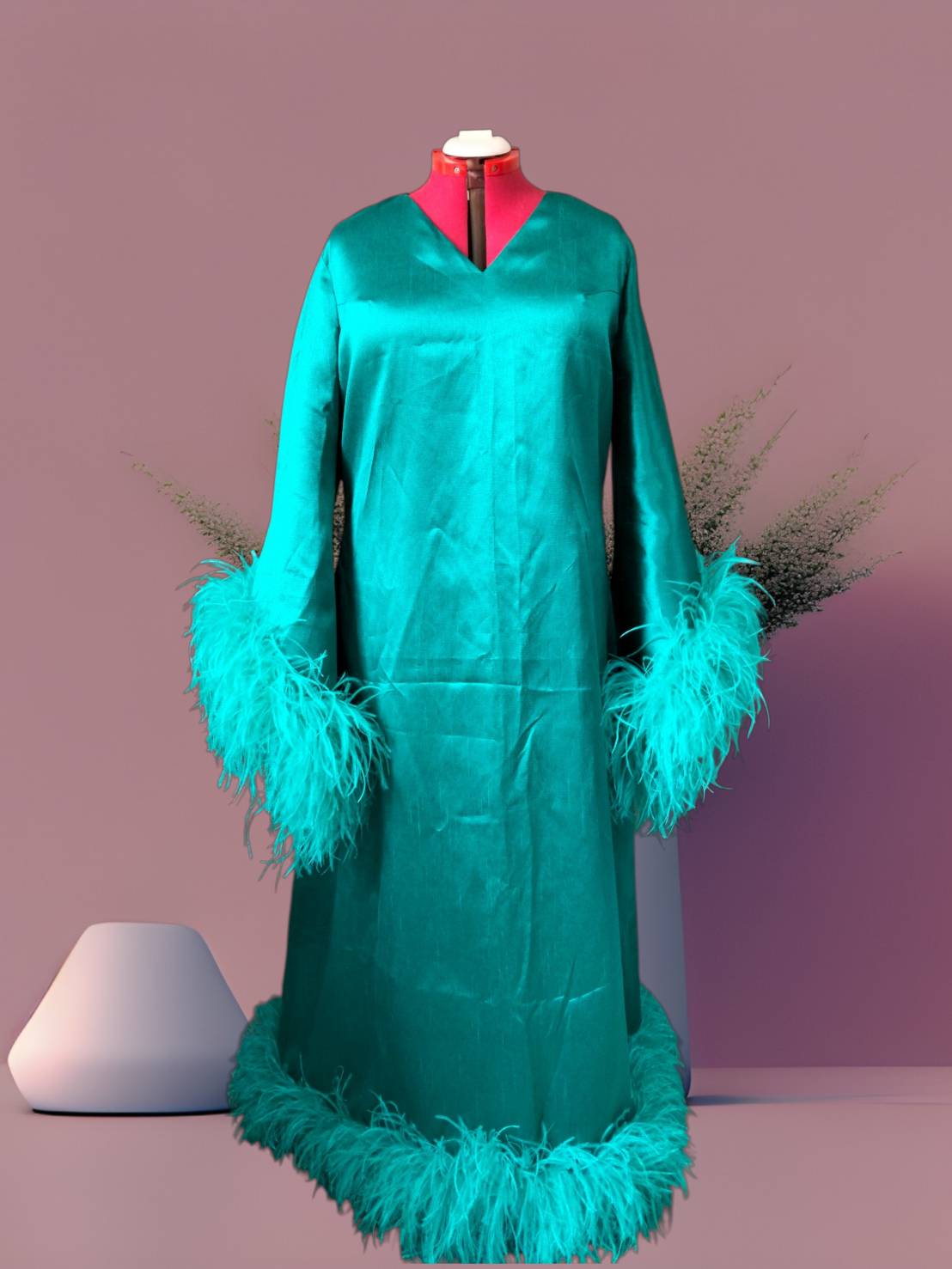 MARAYA Teal Green V-Neck Bell Sleeve Feather Maxi Dress
