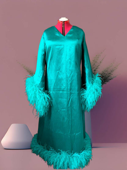 MARAYA Teal Green V-Neck Bell Sleeve Feather Maxi Dress