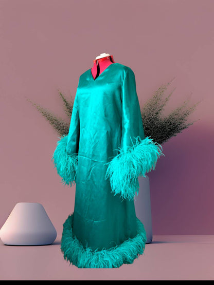 MARAYA Teal Green V-Neck Bell Sleeve Feather Maxi Dress