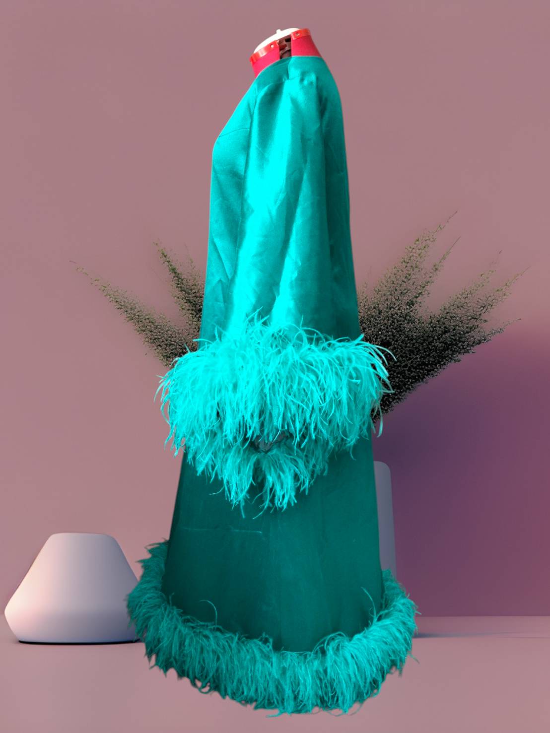 MARAYA Teal Green V-Neck Bell Sleeve Feather Maxi Dress