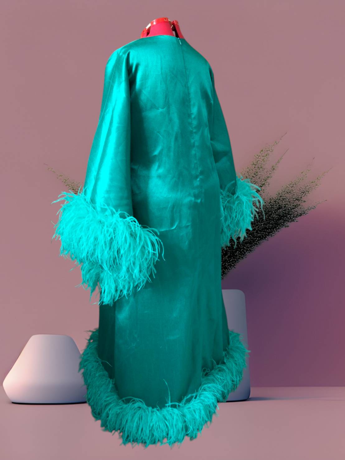 MARAYA Teal Green V-Neck Bell Sleeve Feather Maxi Dress