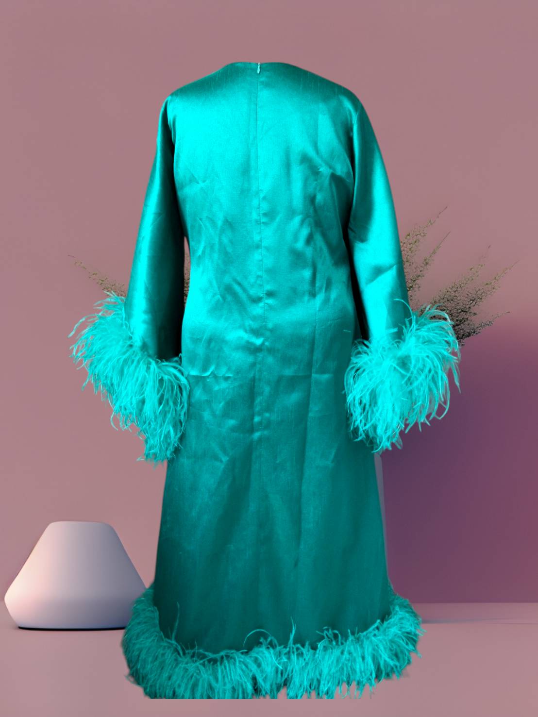 MARAYA Teal Green V-Neck Bell Sleeve Feather Maxi Dress