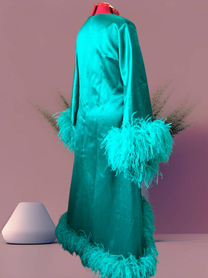 MARAYA Teal Green V-Neck Bell Sleeve Feather Maxi Dress