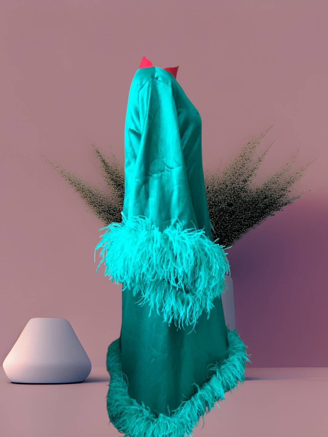 MARAYA Teal Green V-Neck Bell Sleeve Feather Maxi Dress