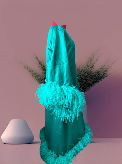 MARAYA Teal Green V-Neck Bell Sleeve Feather Maxi Dress