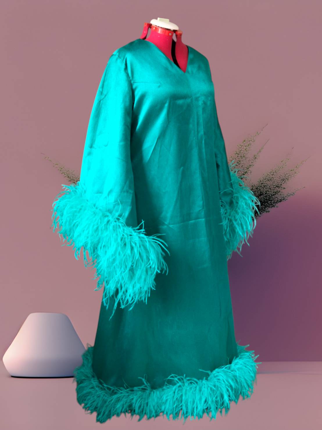 MARAYA Teal Green V-Neck Bell Sleeve Feather Maxi Dress