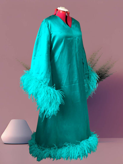 MARAYA Teal Green V-Neck Bell Sleeve Feather Maxi Dress
