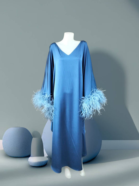 CERVIA Blue Satin Kaftan Maxi Feather Dress, Loose Kimono Frock, Plus Size Evening Gown