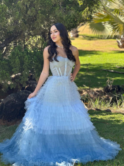 Blue Ombre Tiered Tulle Backless Ruffle