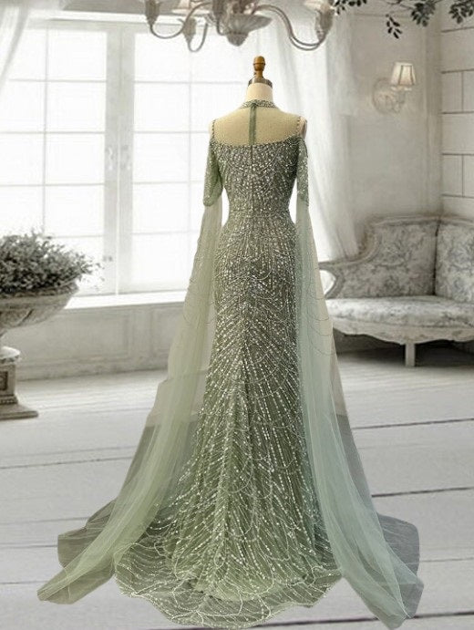 Green Mermaid Luxury Dubai Evening Dress with Cape Sleeves Elegant