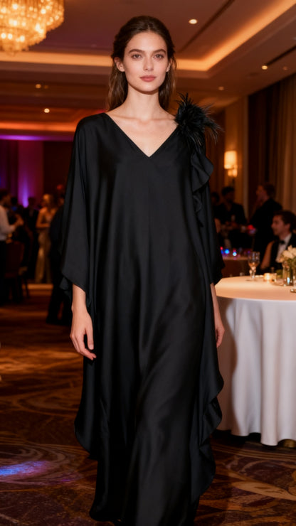 Black Satin Kaftan Maxi Dress, Plus Size Kimono Evening Gown