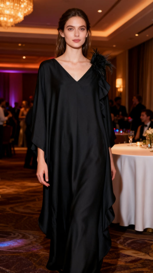 Black Satin Kaftan Maxi Dress, Plus Size Kimono Evening Gown