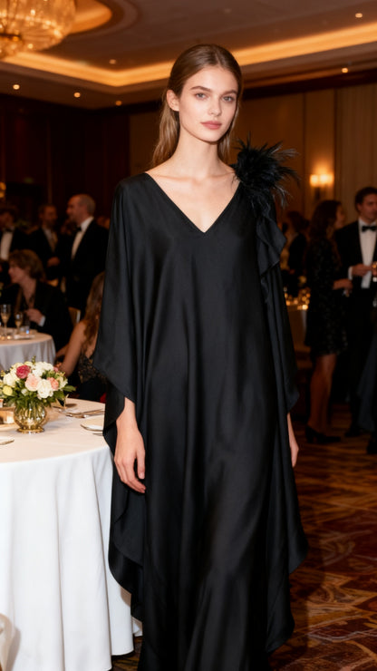 Black Satin Kaftan Maxi Dress, Plus Size Kimono Evening Gown