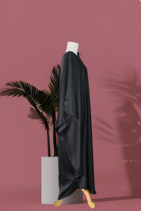 Black Satin Kaftan Maxi Dress, Plus Size Kimono Evening Gown