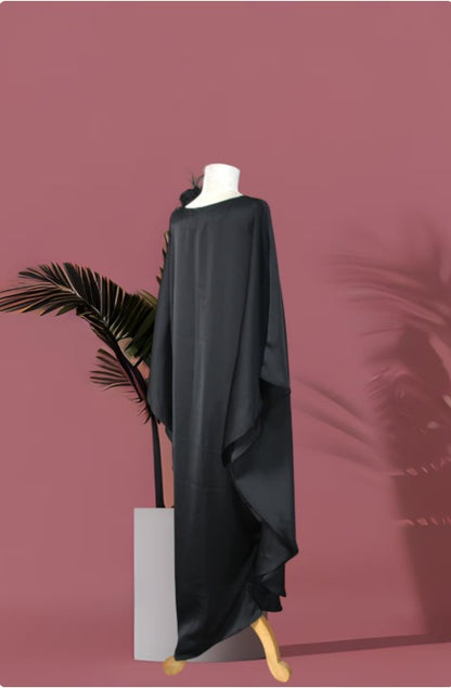 Black Satin Kaftan Maxi Dress, Plus Size Kimono Evening Gown