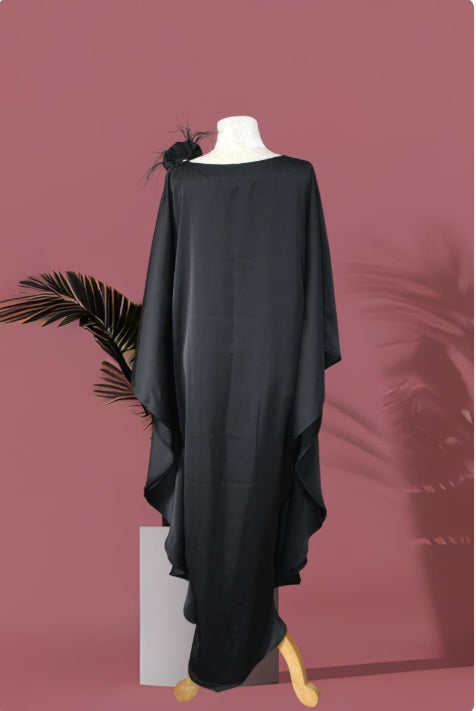 Black Satin Kaftan Maxi Dress, Plus Size Kimono Evening Gown