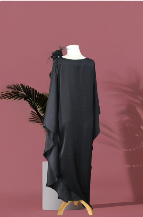Black Satin Kaftan Maxi Dress, Plus Size Kimono Evening Gown