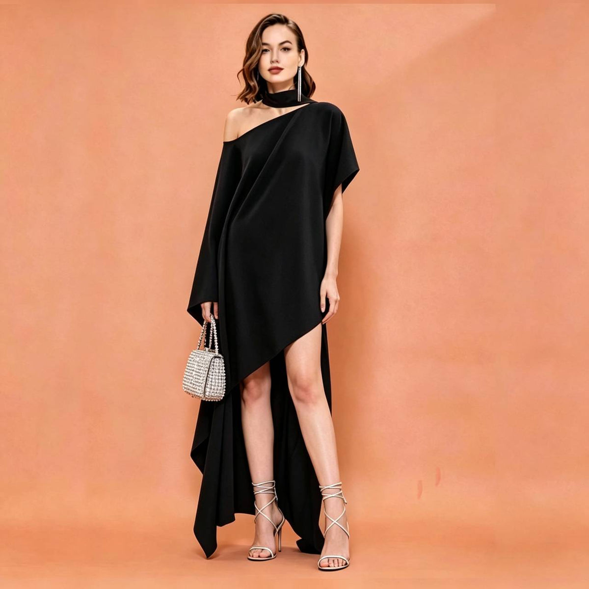 MARAYA Black Silk Blend Asymmetric Maxi Dress, One Shoulder Halter Gown, High-Low Kaftan Formal Wear