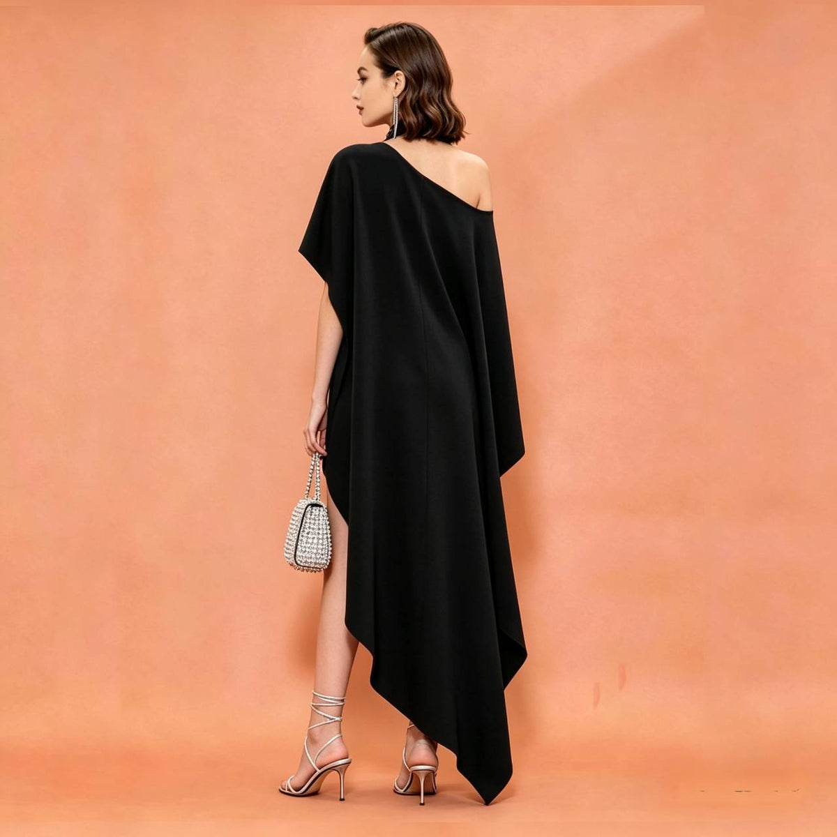 MARAYA Black Silk Blend Asymmetric Maxi Dress, One Shoulder Halter Gown, High-Low Kaftan Formal Wear