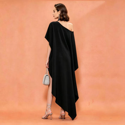MARAYA Black Silk Blend Asymmetric Maxi Dress, One Shoulder Halter Gown, High-Low Kaftan Formal Wear
