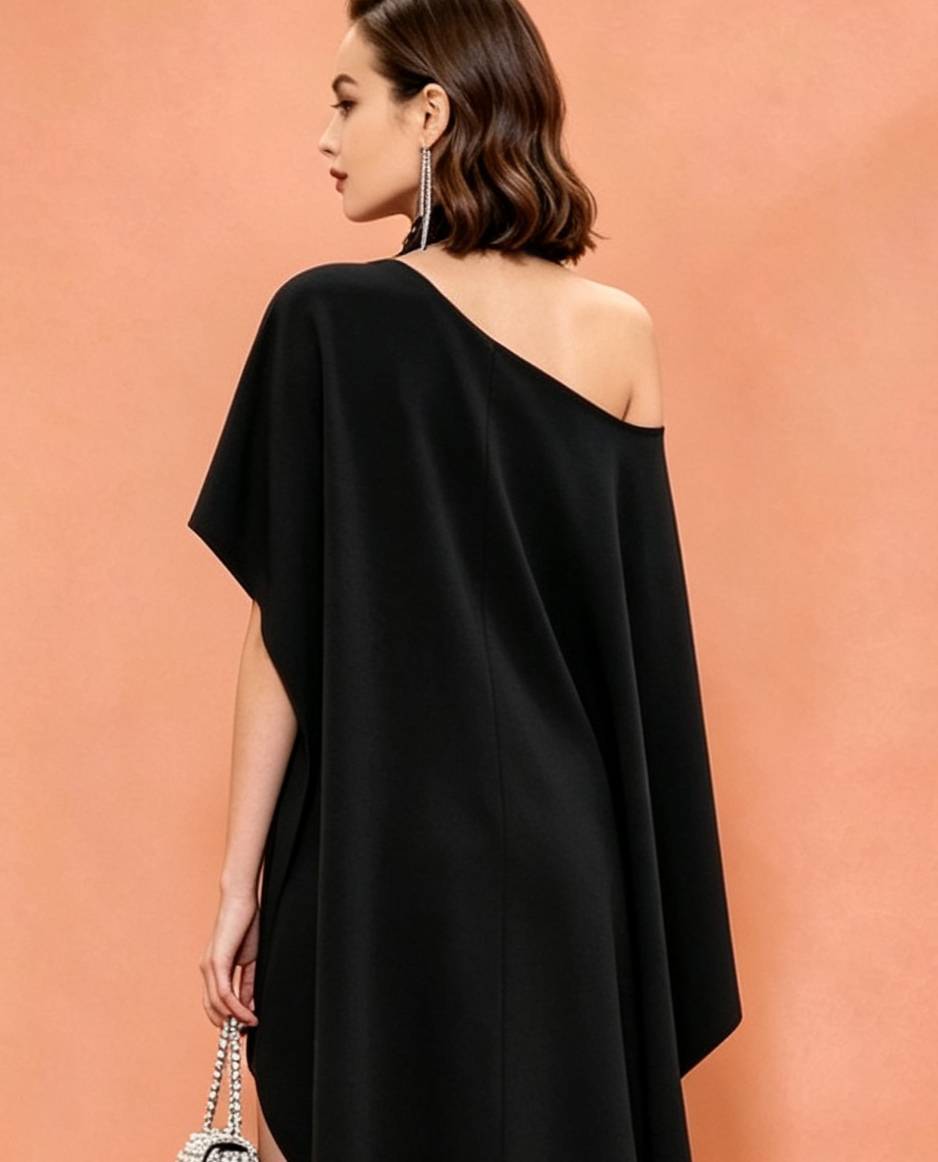 MARAYA Black Silk Blend Asymmetric Maxi Dress, One Shoulder Halter Gown, High-Low Kaftan Formal Wear