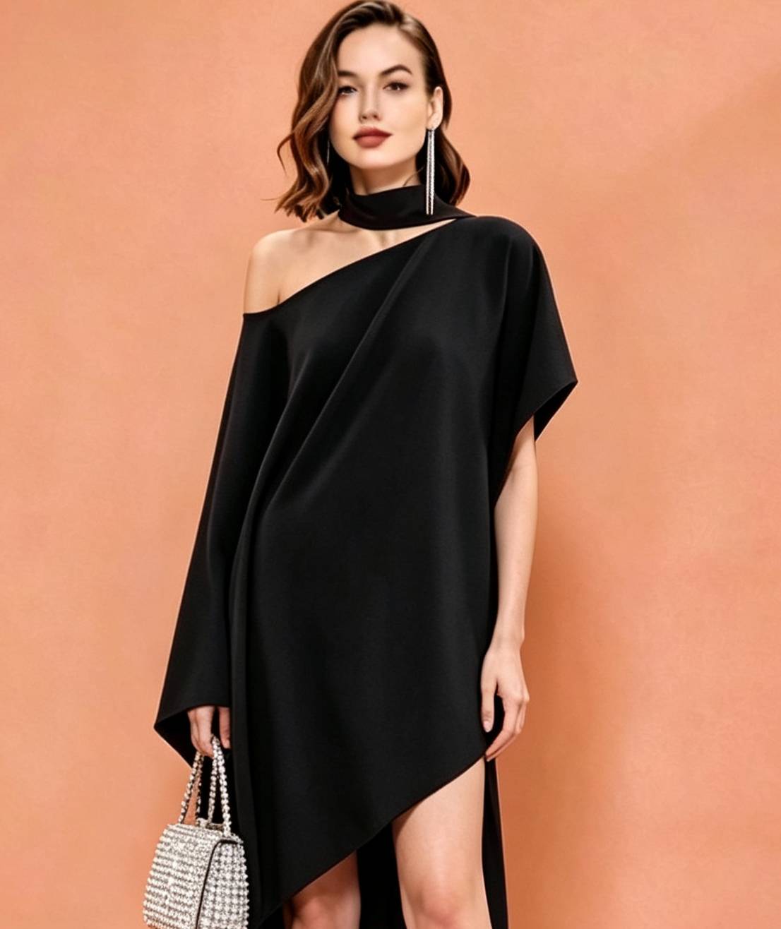 MARAYA Black Silk Blend Asymmetric Maxi Dress, One Shoulder Halter Gown, High-Low Kaftan Formal Wear