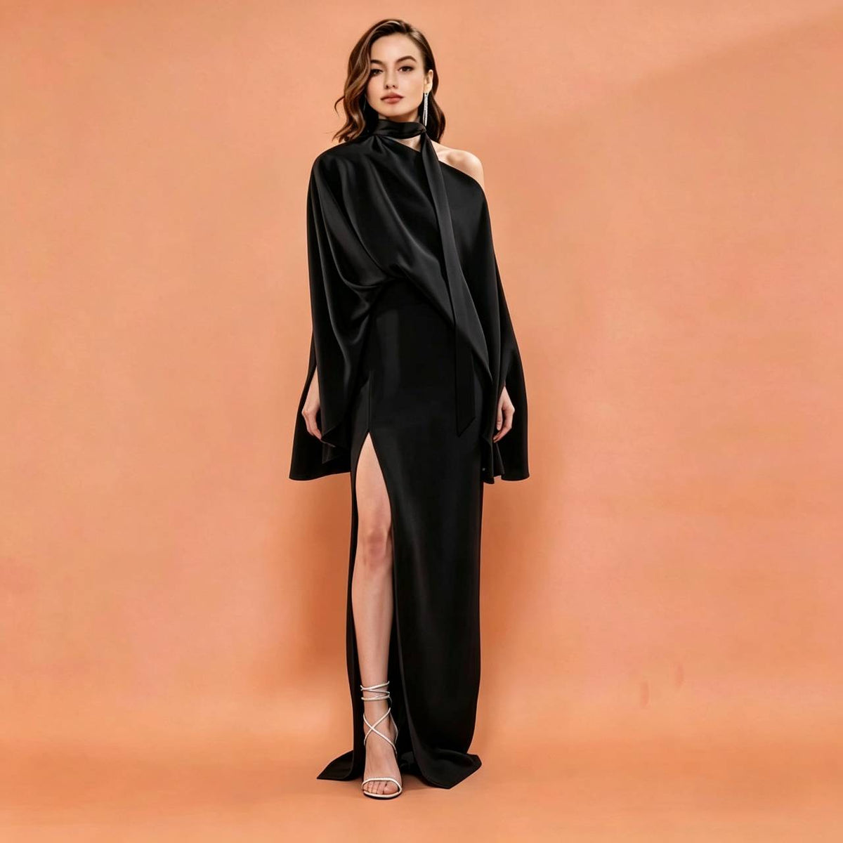 MARAYA Black Silk Blend Halter Maxi Dress, One Shoulder Asymmetric Evening Gown, Sexy High Slit Formal Dress, Luxury Wedding Guest Outfit