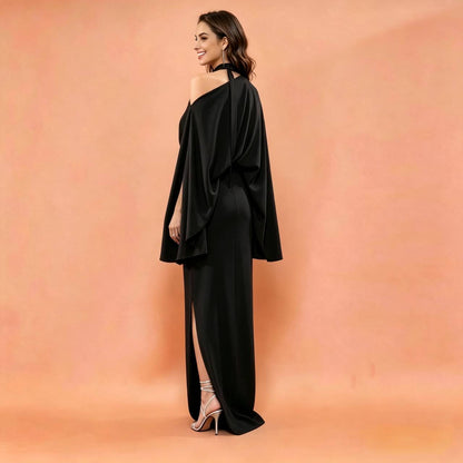 MARAYA Black Silk Blend Halter Maxi Dress, One Shoulder Asymmetric Evening Gown, Sexy High Slit Formal Dress, Luxury Wedding Guest Outfit
