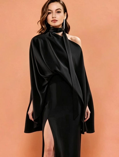 MARAYA Black Silk Blend Halter Maxi Dress, One Shoulder Asymmetric Evening Gown, Sexy High Slit Formal Dress, Luxury Wedding Guest Outfit