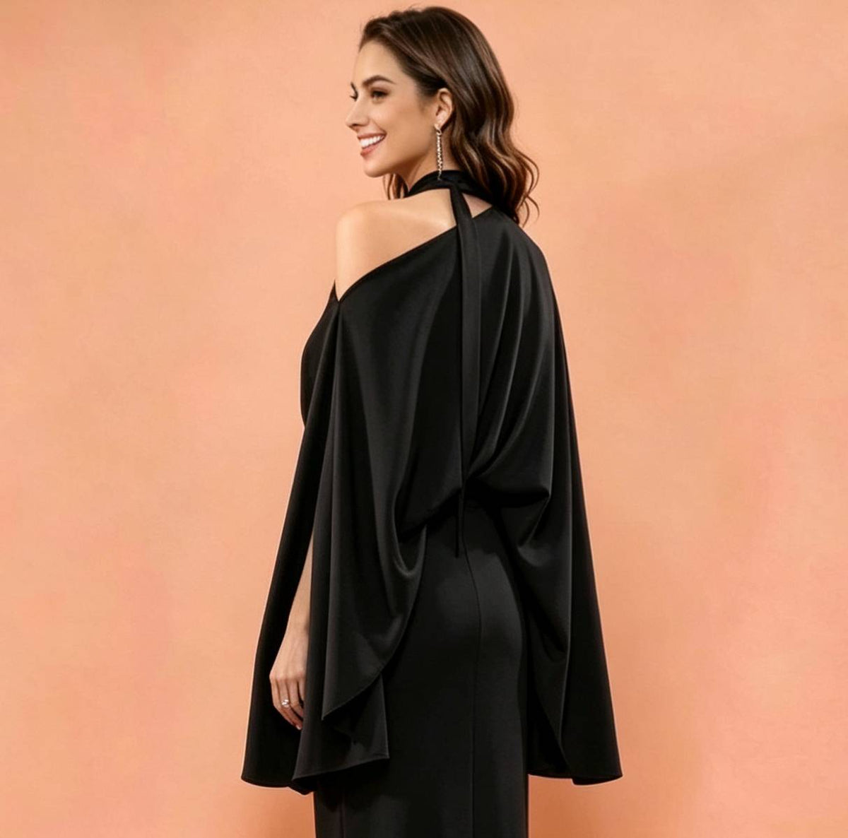MARAYA Black Silk Blend Halter Maxi Dress, One Shoulder Asymmetric Evening Gown, Sexy High Slit Formal Dress, Luxury Wedding Guest Outfit