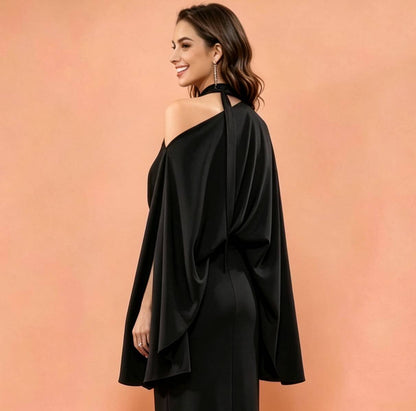 MARAYA Black Silk Blend Halter Maxi Dress, One Shoulder Asymmetric Evening Gown, Sexy High Slit Formal Dress, Luxury Wedding Guest Outfit