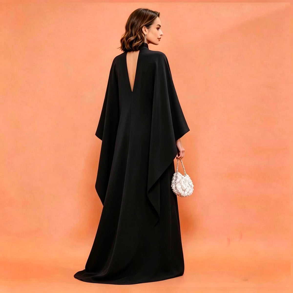 MARAYA Black Silk Blend Kaftan Maxi Dress, Deep V-Neck Kimono Sleeve Evening Gown, Choker Neck High Slit Formal Dress, Luxury Wedding Guest