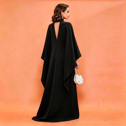 MARAYA Black Silk Blend Kaftan Maxi Dress, Deep V-Neck Kimono Sleeve Evening Gown, Choker Neck High Slit Formal Dress, Luxury Wedding Guest