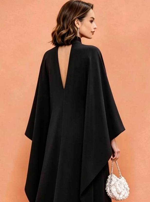 MARAYA Black Silk Blend Kaftan Maxi Dress, Deep V-Neck Kimono Sleeve Evening Gown, Choker Neck High Slit Formal Dress, Luxury Wedding Guest
