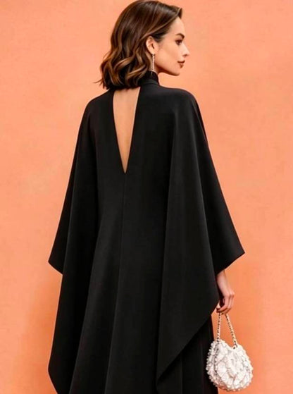 MARAYA Black Silk Blend Kaftan Maxi Dress, Deep V-Neck Kimono Sleeve Evening Gown, Choker Neck High Slit Formal Dress, Luxury Wedding Guest